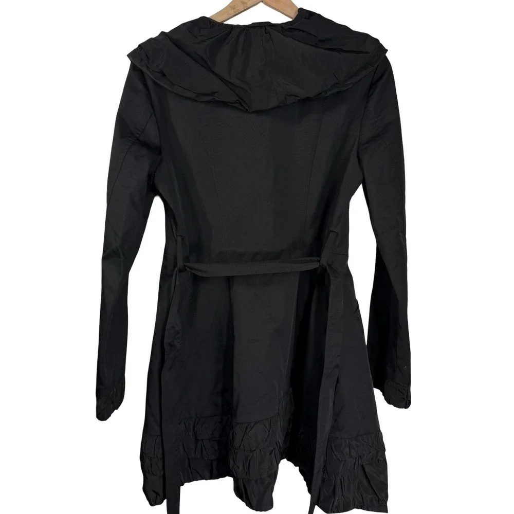 Blanc Noir Womens Black Ruffle Trim Trench‎ Coat Jacket SAM384 Medium